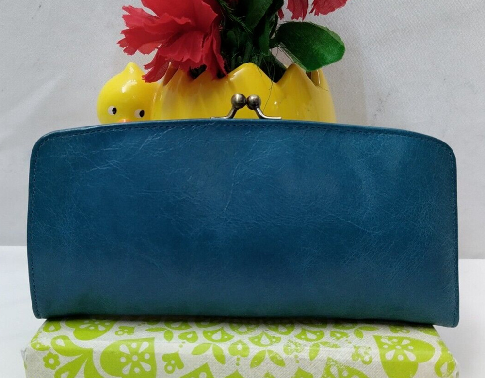 Hobo International Blue Teal Leather Kisslock Credit Card ID Windown Wallet